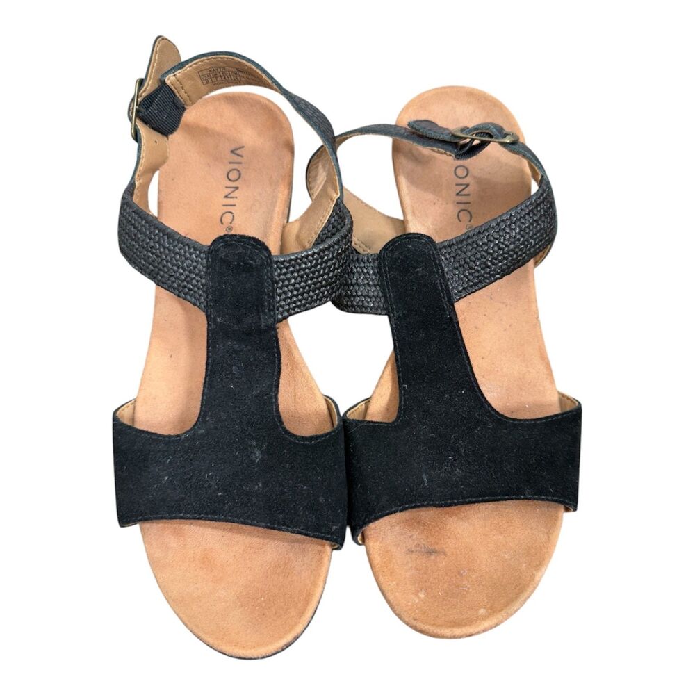 Vionic Kaytie Black Womens Werdge Sandals Sz 9 Cork Heel Comfort Arch Support